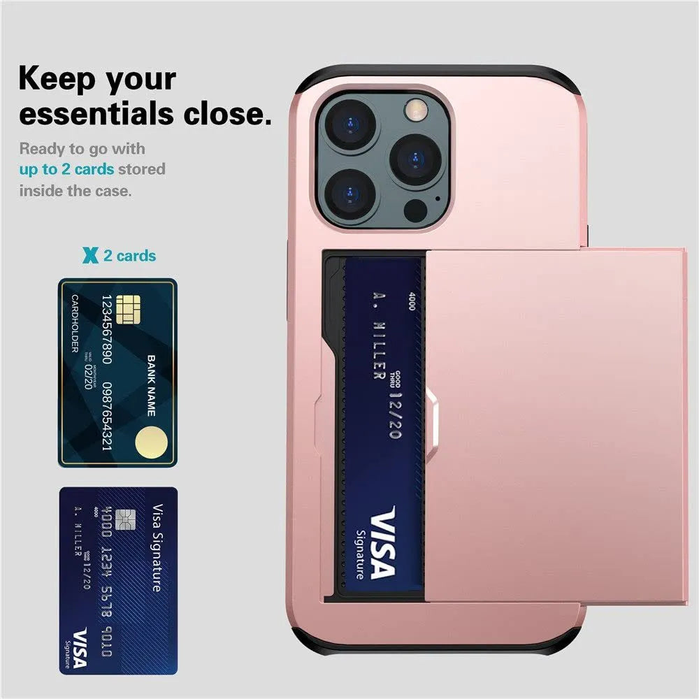 Sliding cover wallet phone case for iPhone in matte finish, showing card slot and raised screen protection.