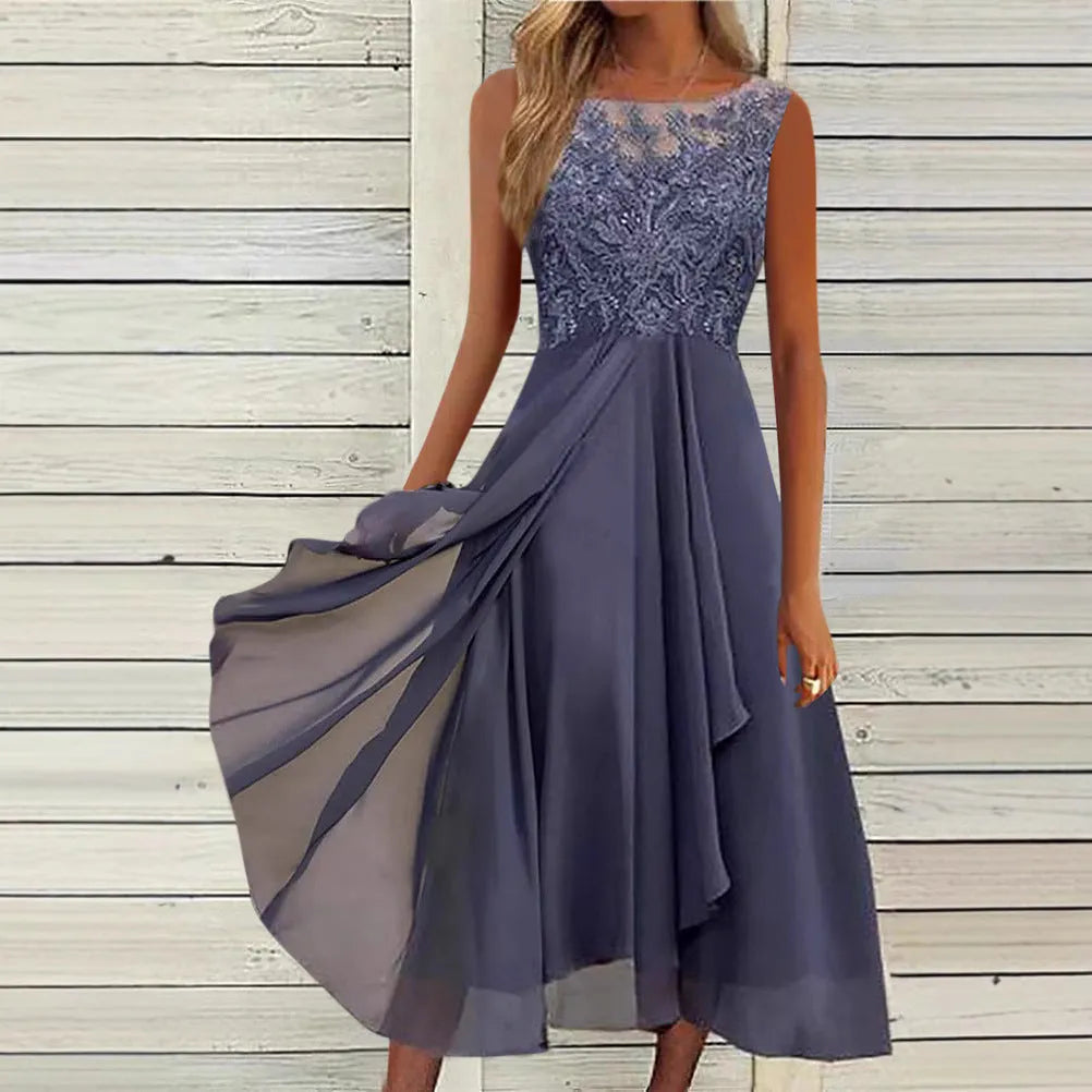 Women's sleeveless mid-length chiffon dress with lace stitching in blue, green, or purple.