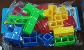 Balance stacking game set with plastic building blocks and wooden chassis