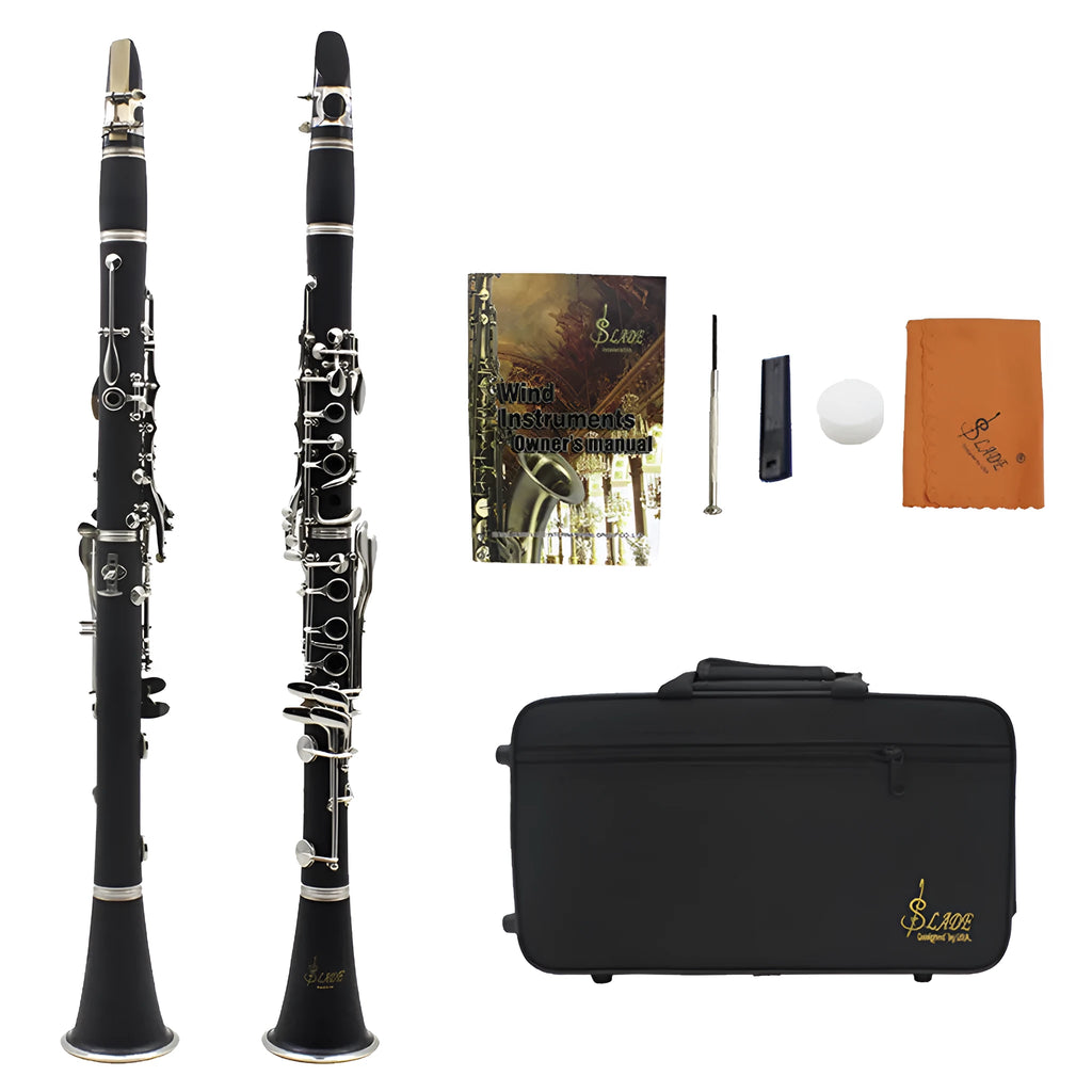 Black bakelite beginner clarinet with silver keys and a carry bag