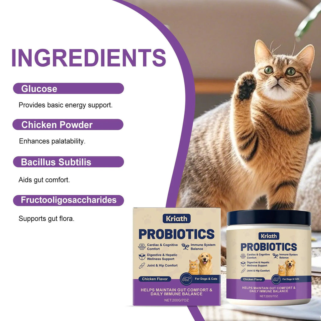 Pet probiotic powder container 200g chicken flavour with Bacillus subtilis and FOS for digestive care