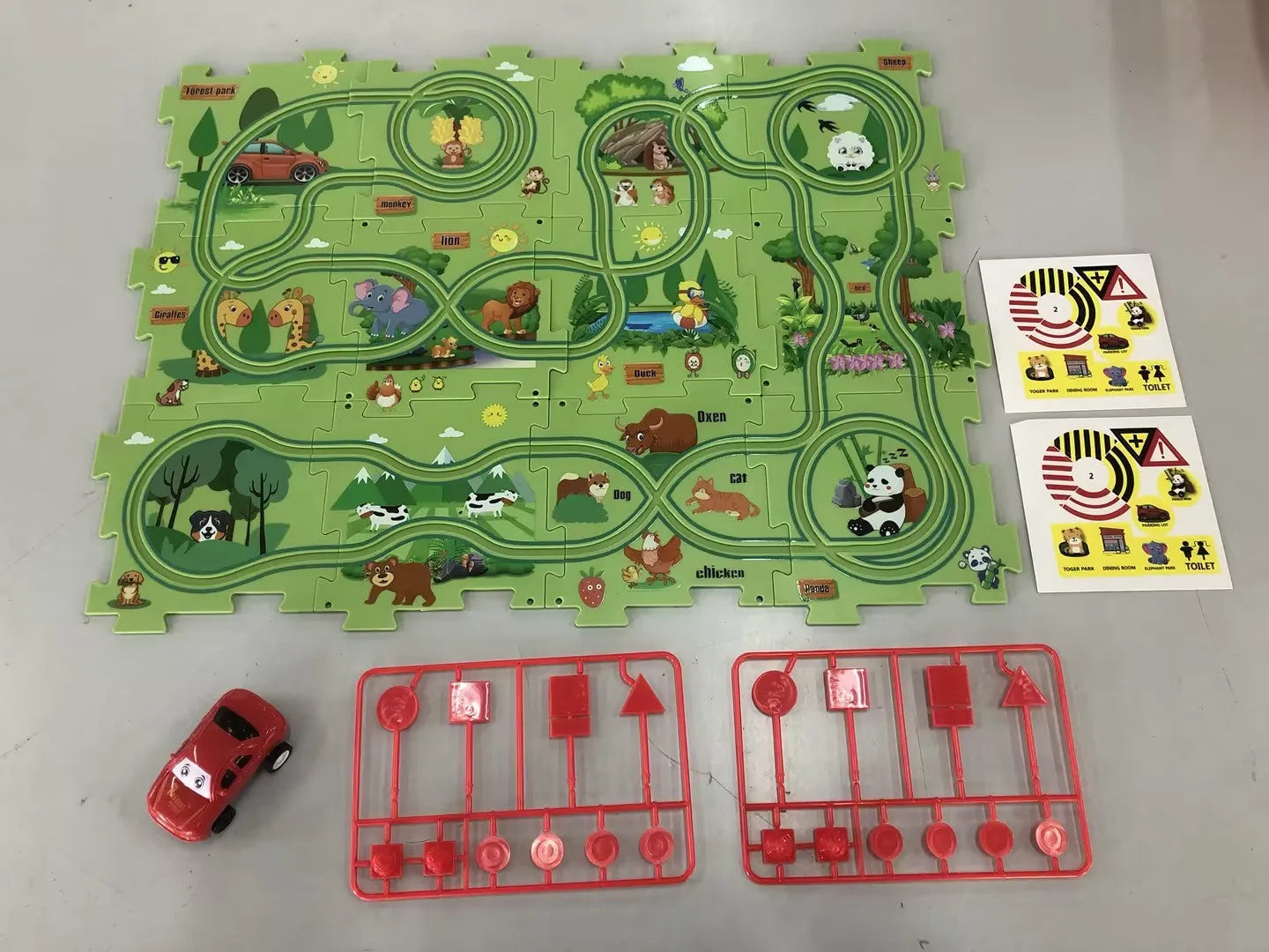 Children puzzle electric railroad speeder with DIY assembly track and automatic car, dinosaur theme