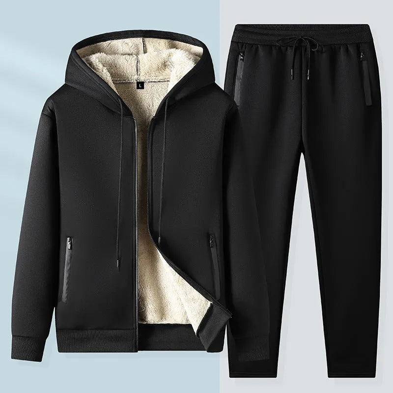 Men's autumn winter hooded jacket and trousers set in gray with wool lining, polyester fabric, sizes M to 5XL