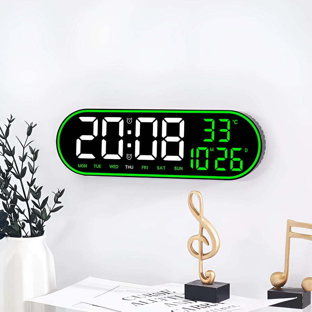 15 inch digital wall clock with plastic shell and six colour light options on a modern wall