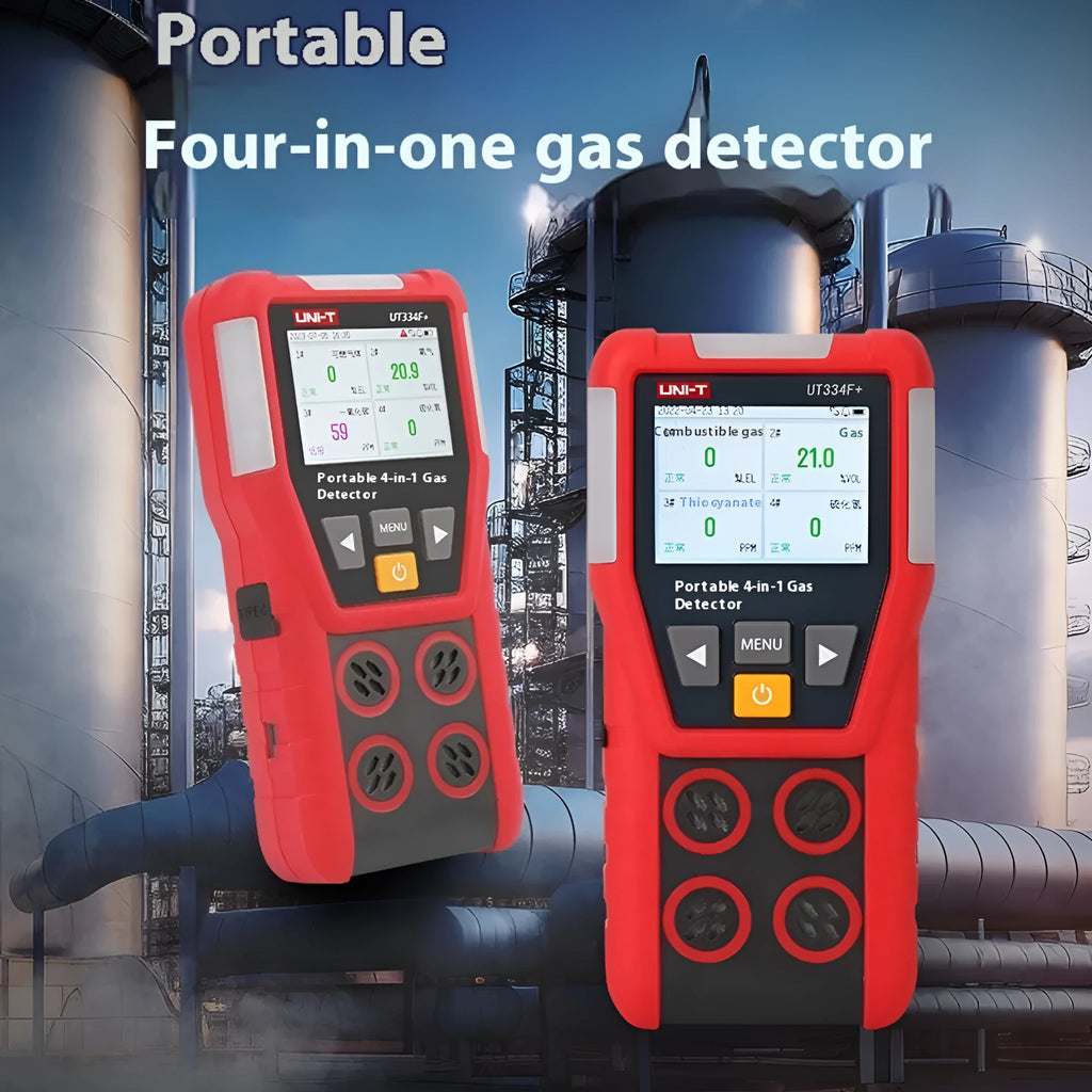 Four-in-one portable gas detector UT334E with battery compartment and display screen