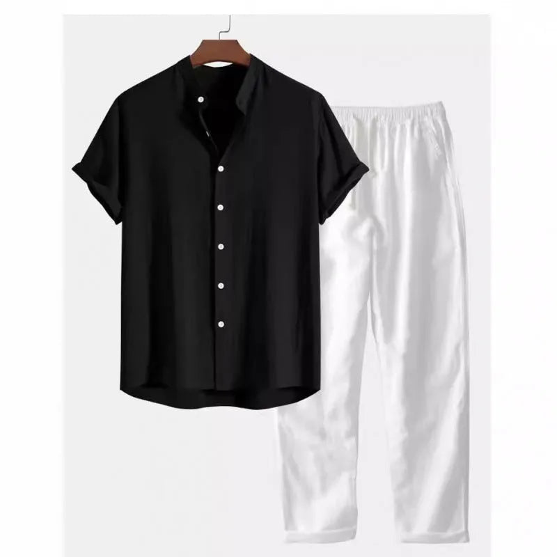Men's loose fit short sleeve shirt and trousers suit in linen-look fabric.