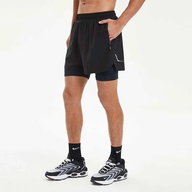 Men's black double-layer running shorts with inner liner for summer sports and fitness training