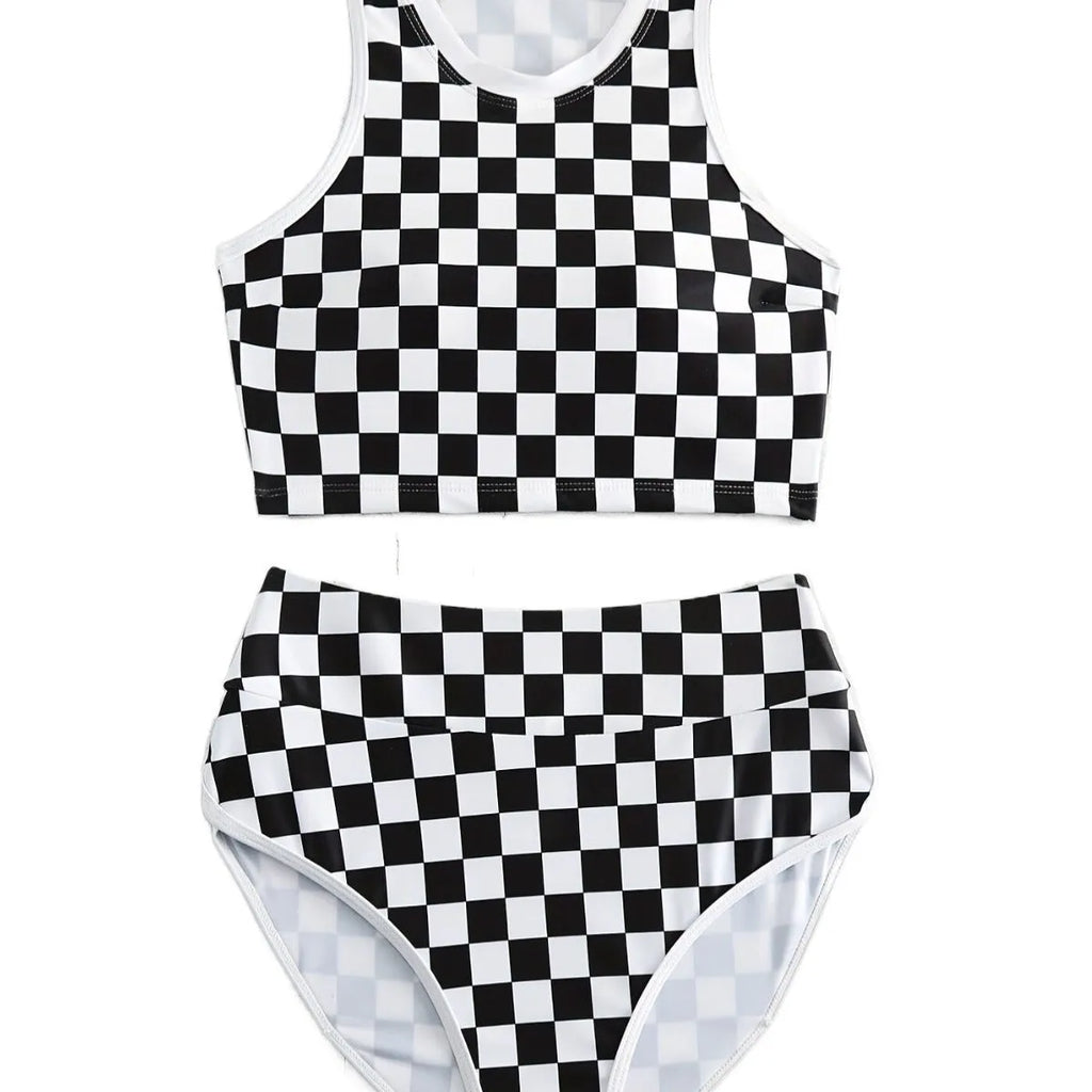 Women's backless racing swimsuit with shoulder suspender strap in black and white chessboard pattern