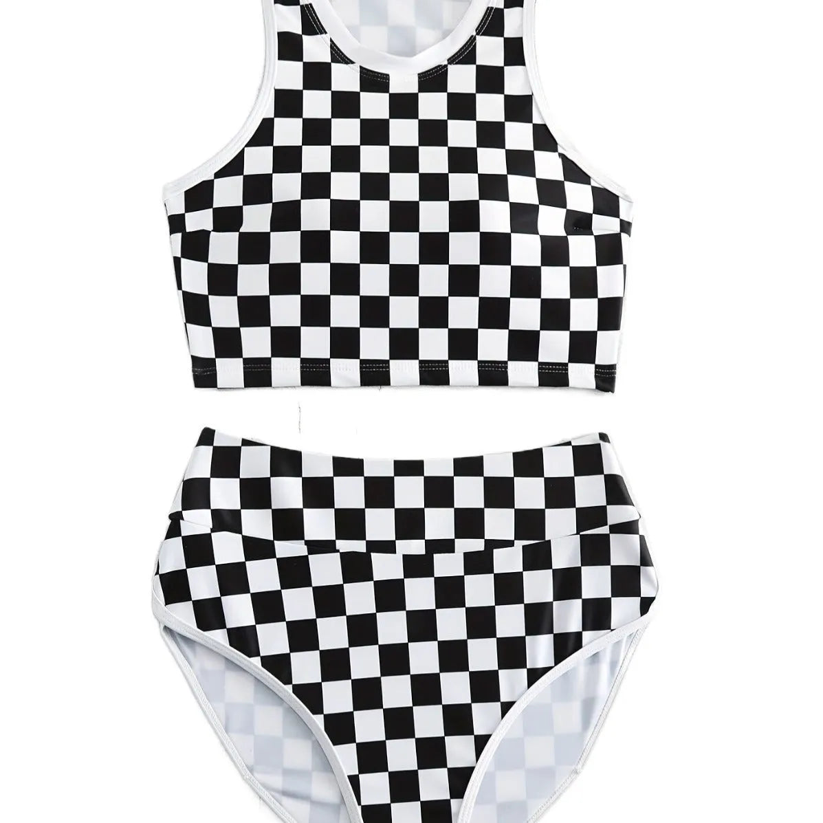 Women's backless racing swimsuit with shoulder suspender strap in black and white chessboard pattern