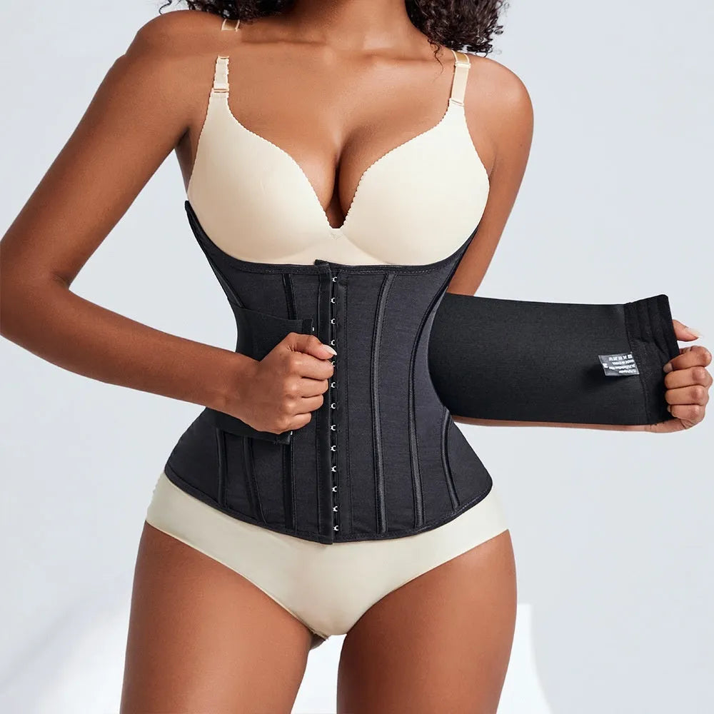 Nylon belly band waist trainer in apricot colour with an adjustable tie, laid flat.