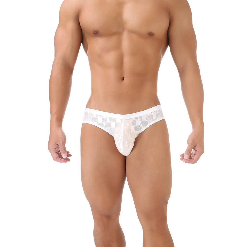 Men's black mesh breathable U-convex plaid underpants briefs with lace nylon fabric
