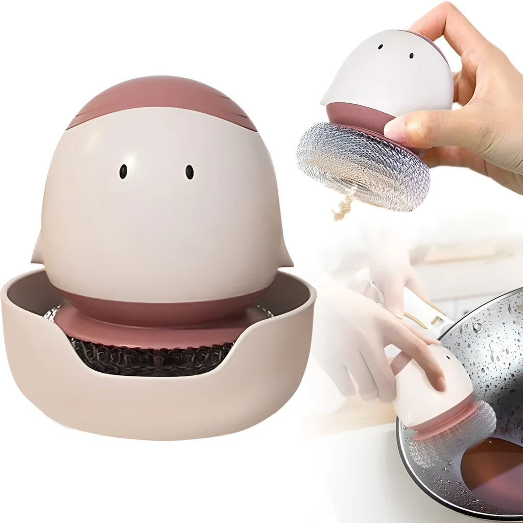 Automatic liquid filling dishwashing brush shaped like a chicken, in Bean Red, with ergonomic handle and wall mount