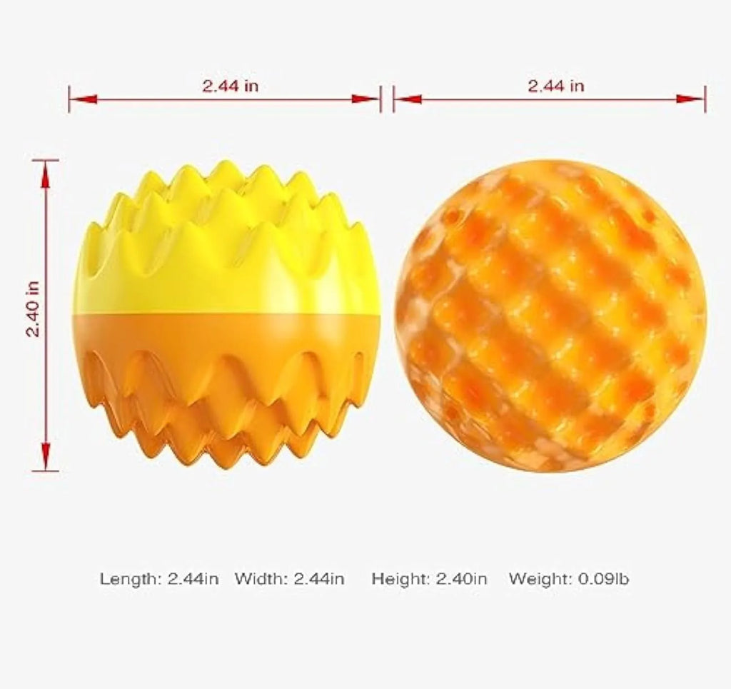 Blue and orange squeaky rubber dog ball with spiky texture for teeth cleaning.