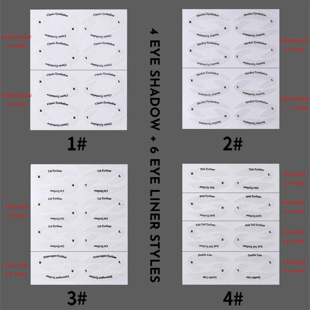 Set of four reusable flexible eyeliner stencils on a pink background, showing cat-eye and winged templates