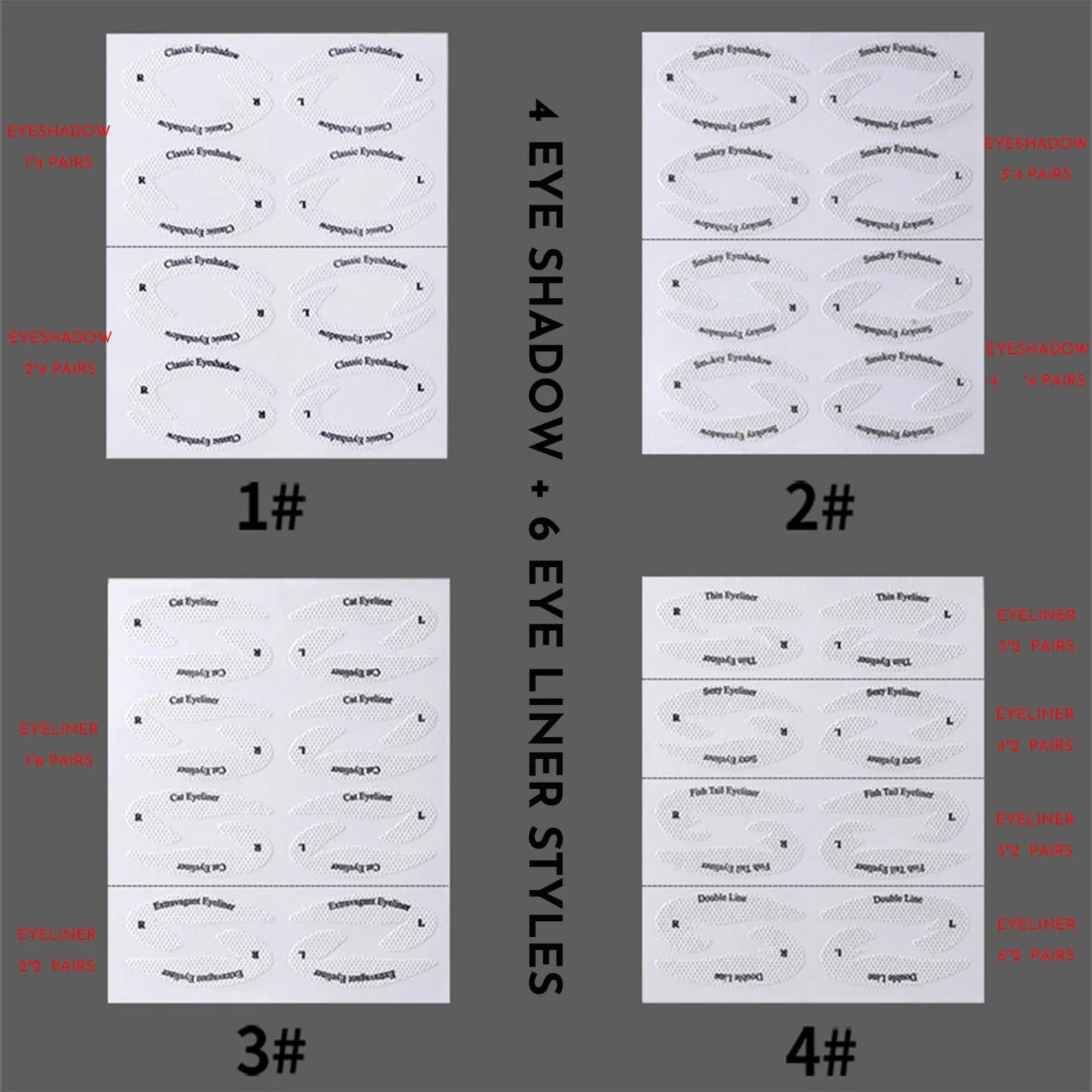 Set of four reusable flexible eyeliner stencils on a pink background, showing cat-eye and winged templates