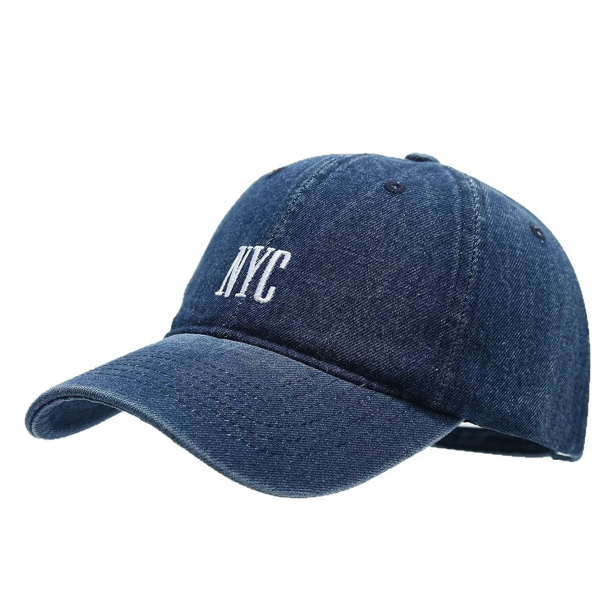 Retro denim peaked baseball cap with an alphabet letter, shown in light blue, dark blue, and black colours.