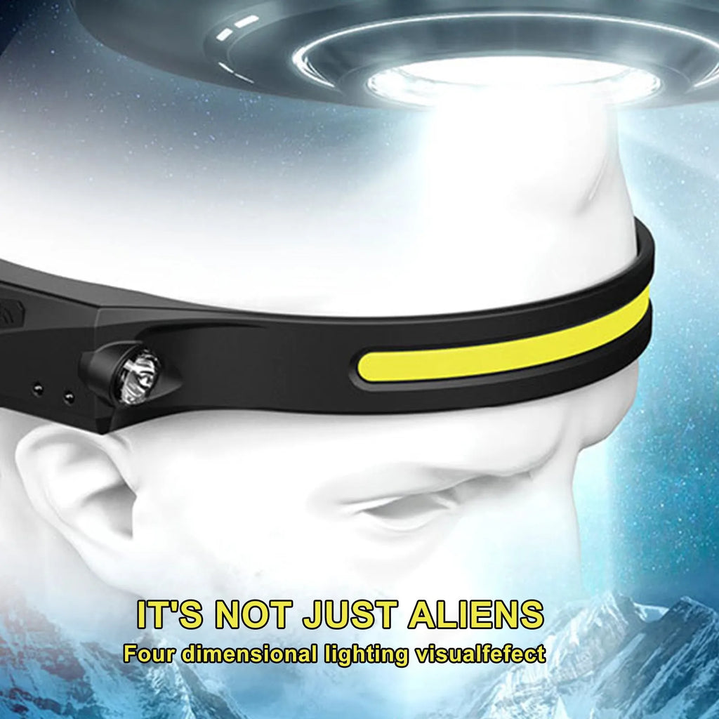 Black silicone USB rechargeable headlamp with wide LED beam and side wave sensor for outdoor use.