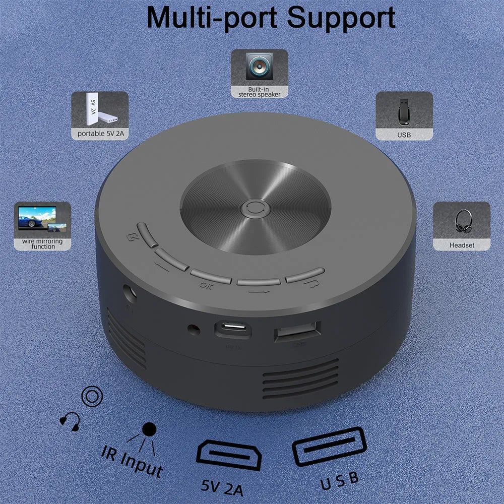 Black mini portable projector for mobile phone projection with compact 110x110x47mm dimensions