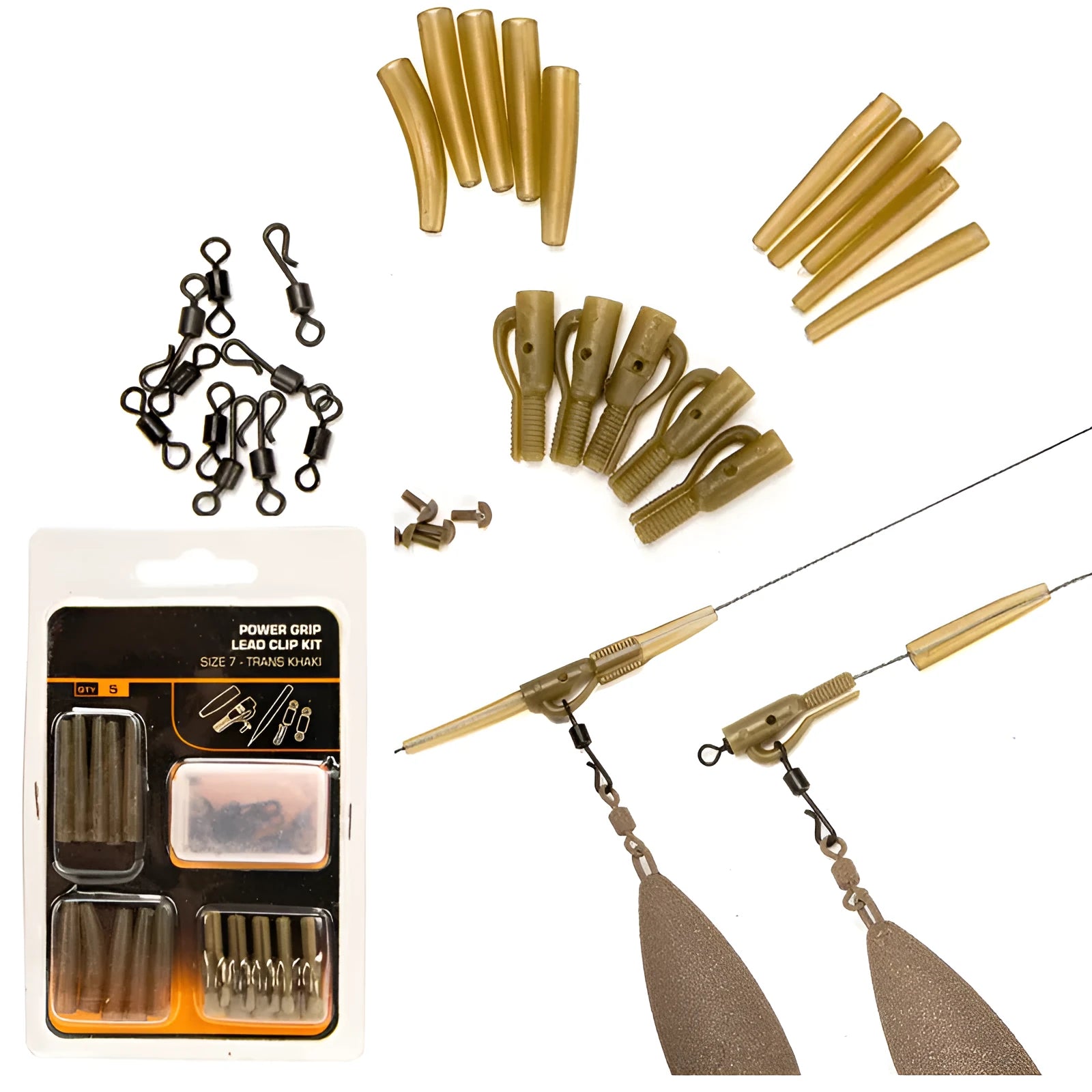 30-piece European carp fishing accessory set with pipes, hoses, rotation pieces, and screws.