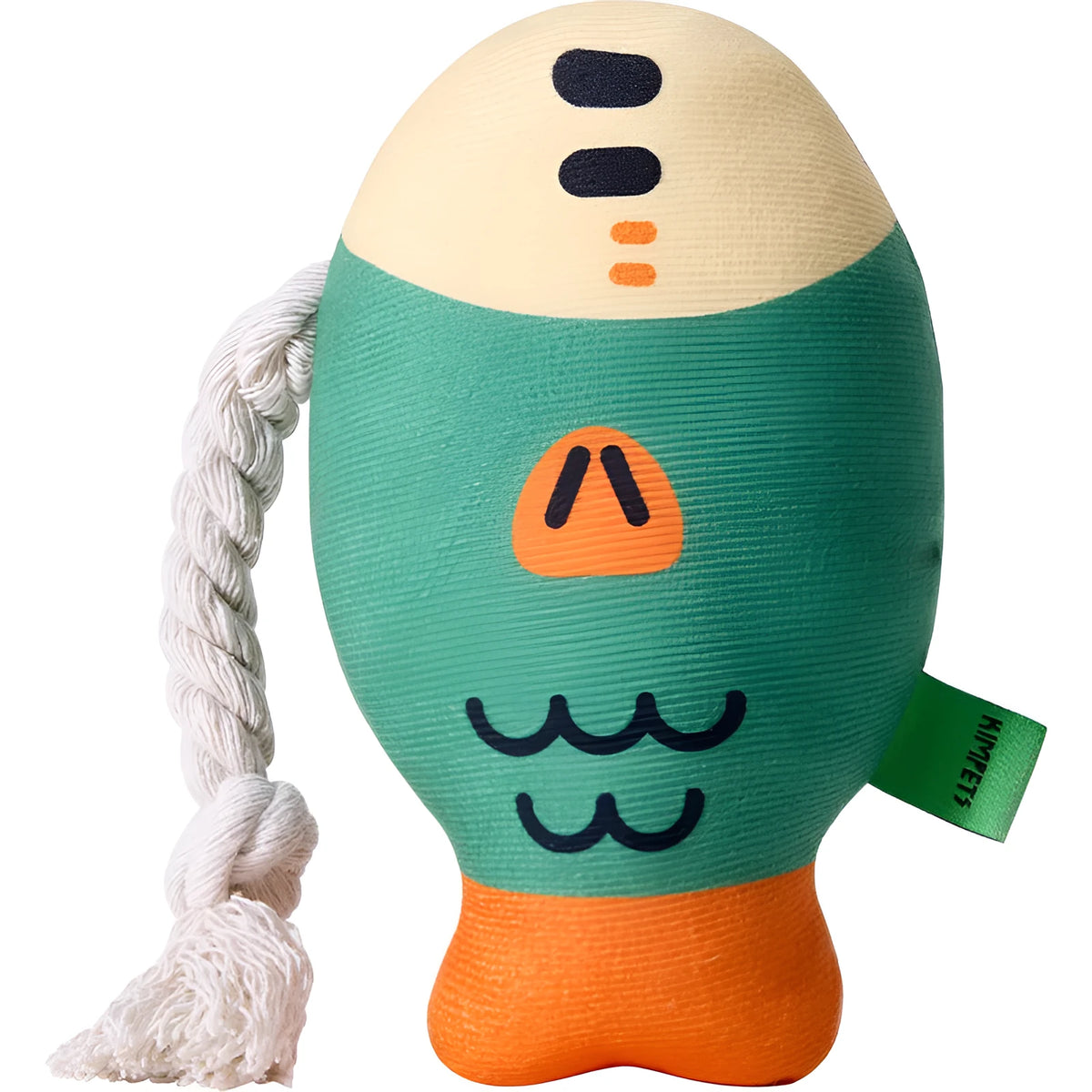 Plush Puffhead fish dog toy with squeaker, wear-resistant fabric, in green, purple, or yellow
