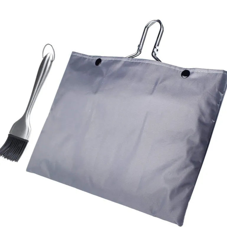 Square stainless steel folding barbecue mesh basket with a cleaning brush.