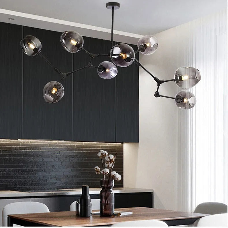 Black blue branch type ceiling lamp with glass shades and iron frame, 10 heads, Nordic style for dining room