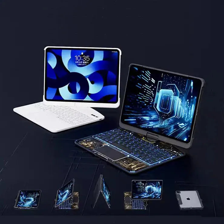 360 swivel transparent keyboard case for iPad with trackpad and pen slot, showing open position