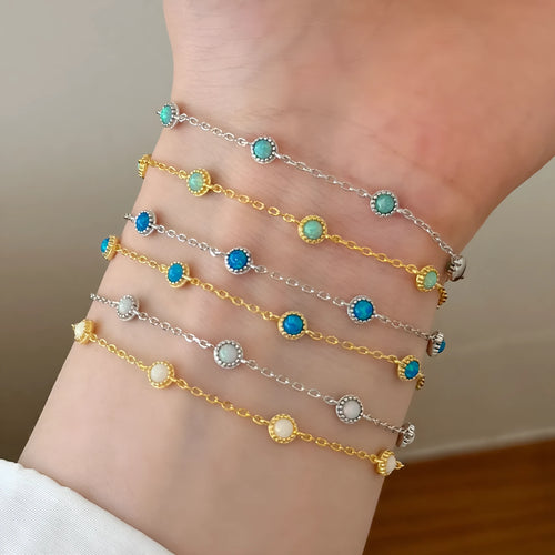 925 sterling silver bracelet with round opal stones in Japanese Korean geometric style for women