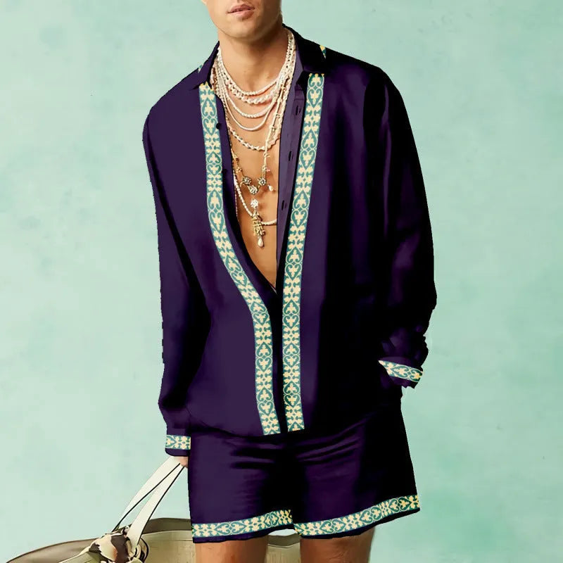 Man wearing a slim-fit long sleeve shirt and matching shorts from a casual summer polyester set.