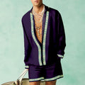 Man wearing a slim-fit long sleeve shirt and matching shorts from a casual summer polyester set.