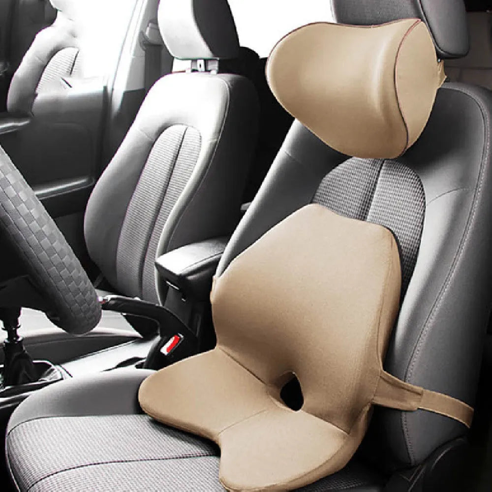 Car lumbar support cushion with memory foam, shown in beige colour, alongside a matching headrest option.