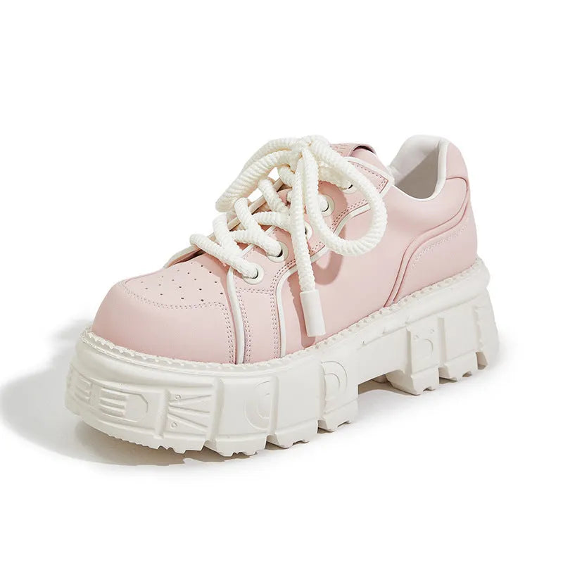 Beige or pink leather casual platform shoes with a muffin bottom rubber foam sole.
