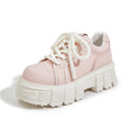 Beige or pink leather casual platform shoes with a muffin bottom rubber foam sole.
