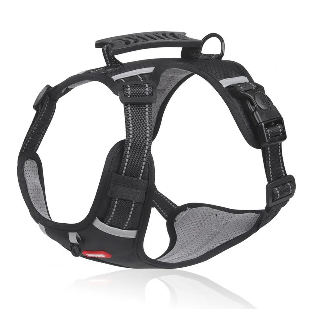 Orange adjustable nylon dog harness vest with reflective strips and breathable mesh panelling.