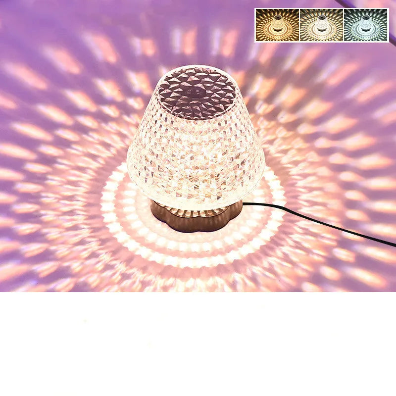 Crystal decorative table lamp with touch base on a nightstand, showing colour changing LED light.