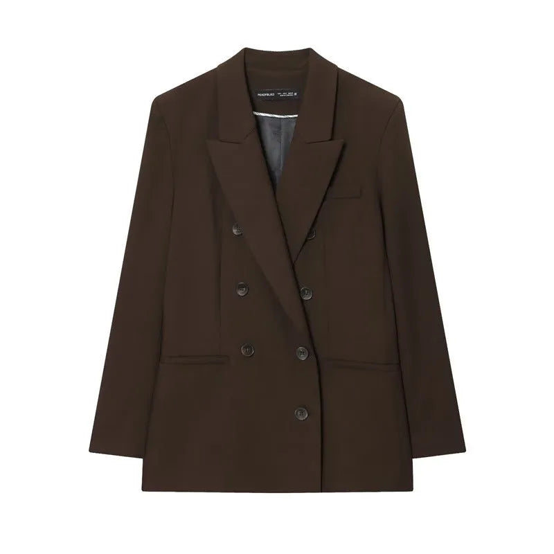 Women's pleated padded shoulder jacket and straight-leg trousers set in solid colour polyester fiber, loose fit, size S