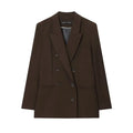 Women's pleated padded shoulder jacket and straight-leg trousers set in solid colour polyester fiber, loose fit, size S