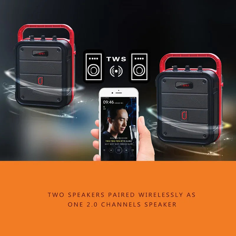 MS62AI black portable Bluetooth speaker with wireless microphone and remote control on a table.