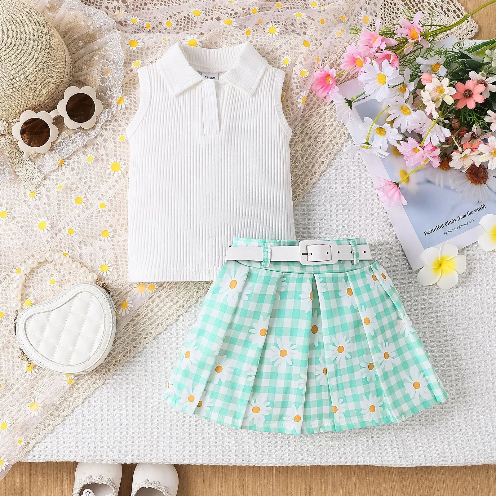 Girls three-piece skirt suit with sleeveless stripe top, daisy plaid skirt, and belt in green colour