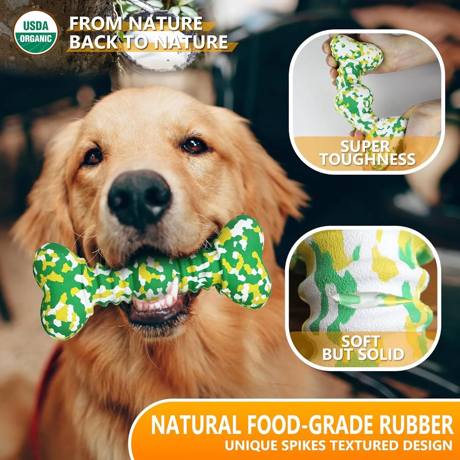 Natural rubber bone-shaped dog chew toy in camouflage pattern for large breed aggressive chewers.