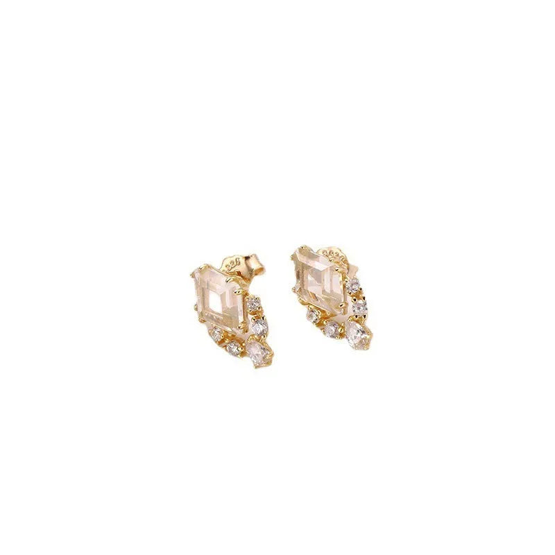 Geometric 925 silver earrings with sweet white crystal studs and electroplated finish