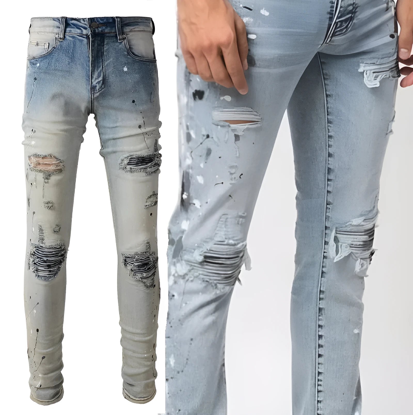 Men's blue light coloured paint splashing ink making old washed denim jeans with small straight leg and zip fly