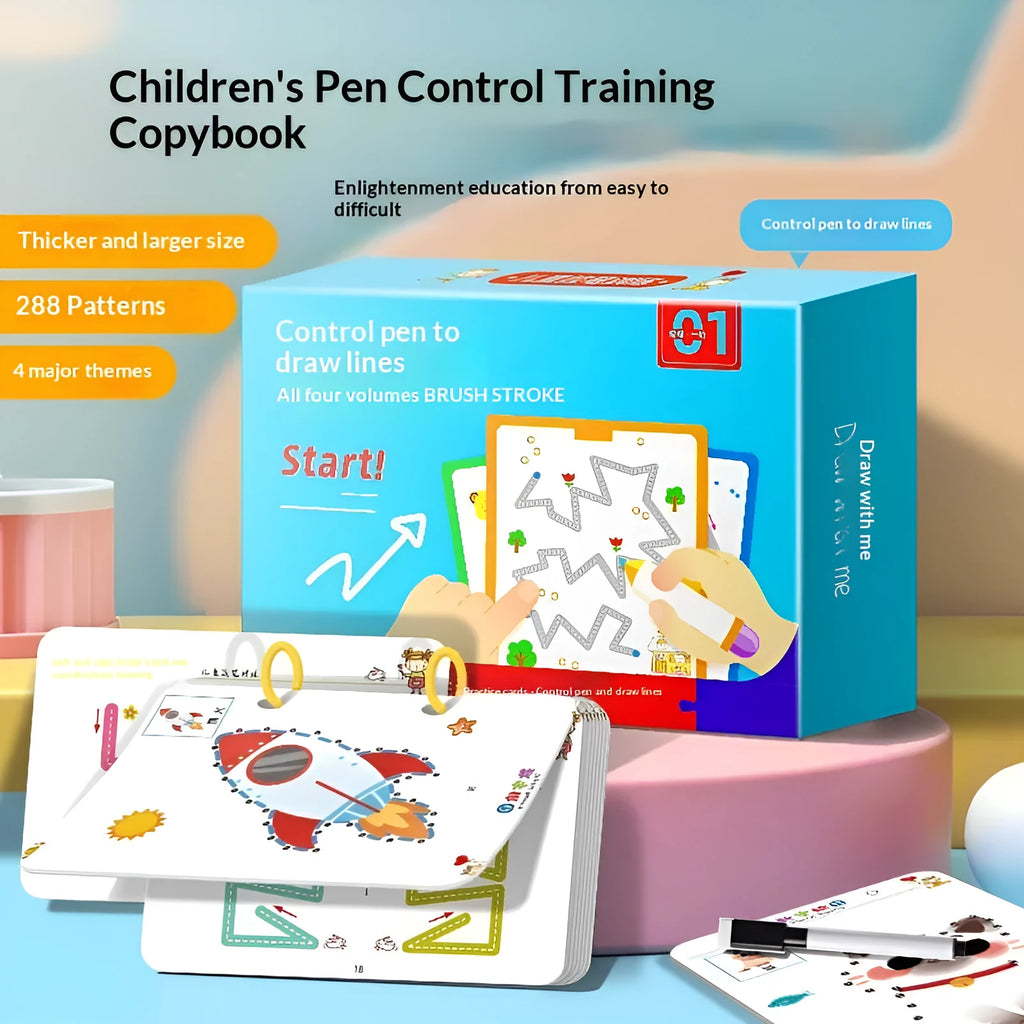 Children's erasable pen control training set with paper pages for ages 3-6, showing tracing and drawing stages.