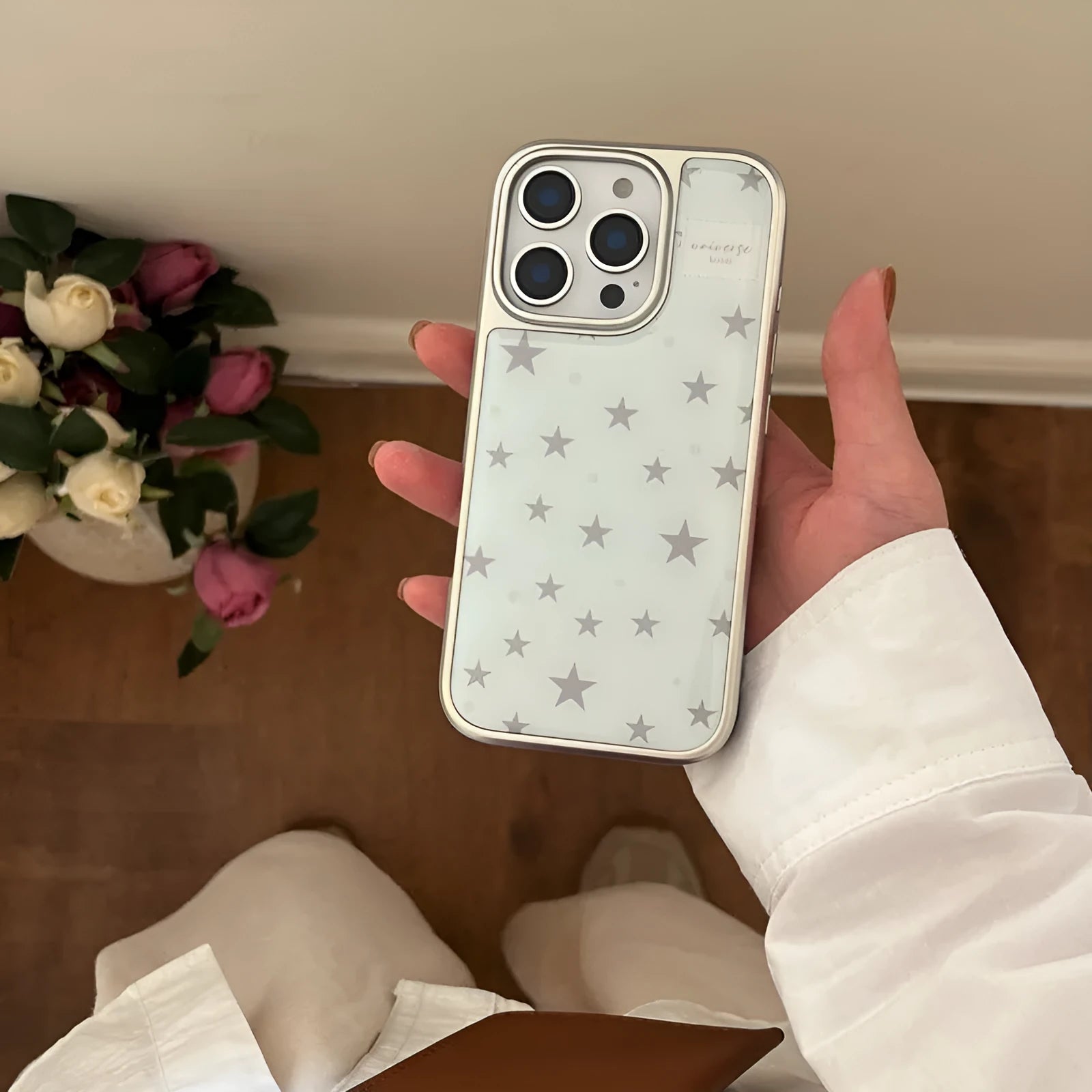 Blue epoxy resin phone case with electroplated edge and five-pointed star pattern for iPhone 14 Pro Max