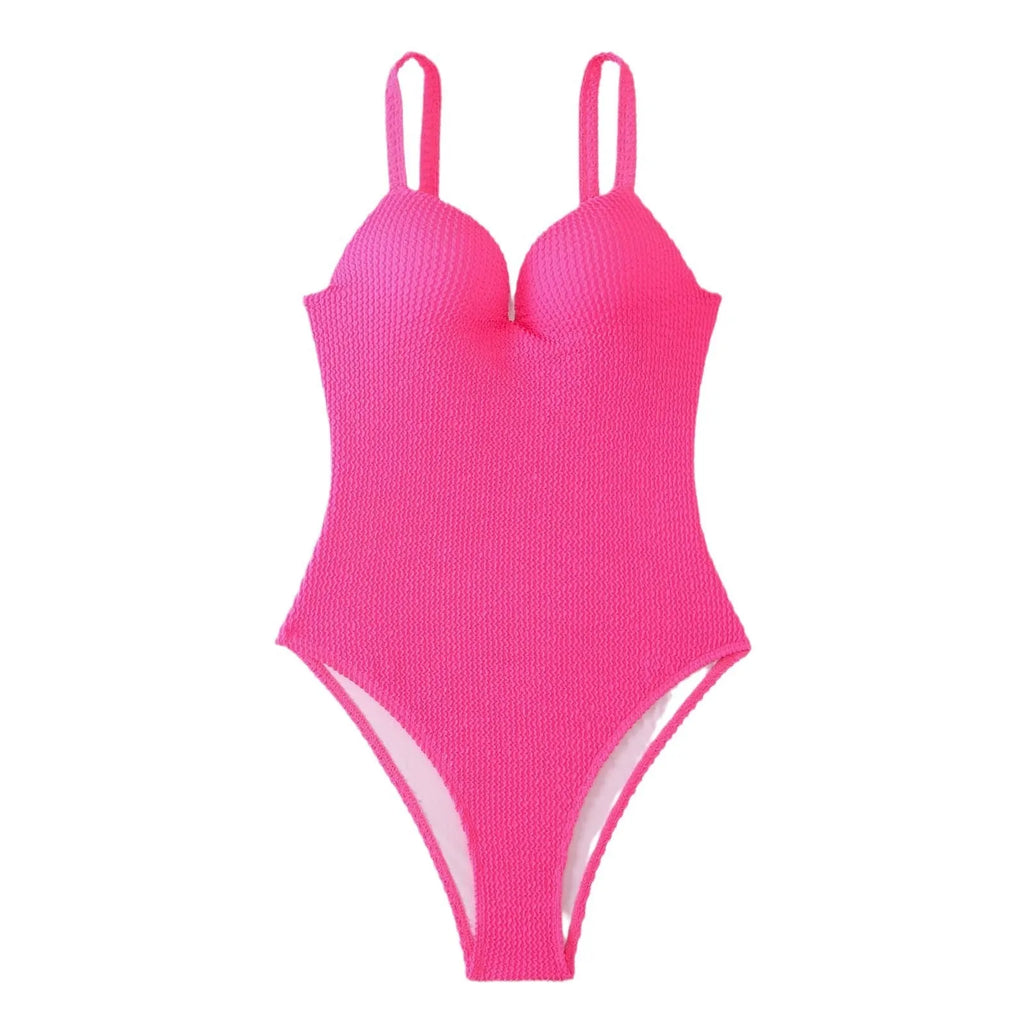 Women's sleeveless one-piece swimsuit in a small sunken stripe pattern, shown in multiple colours.