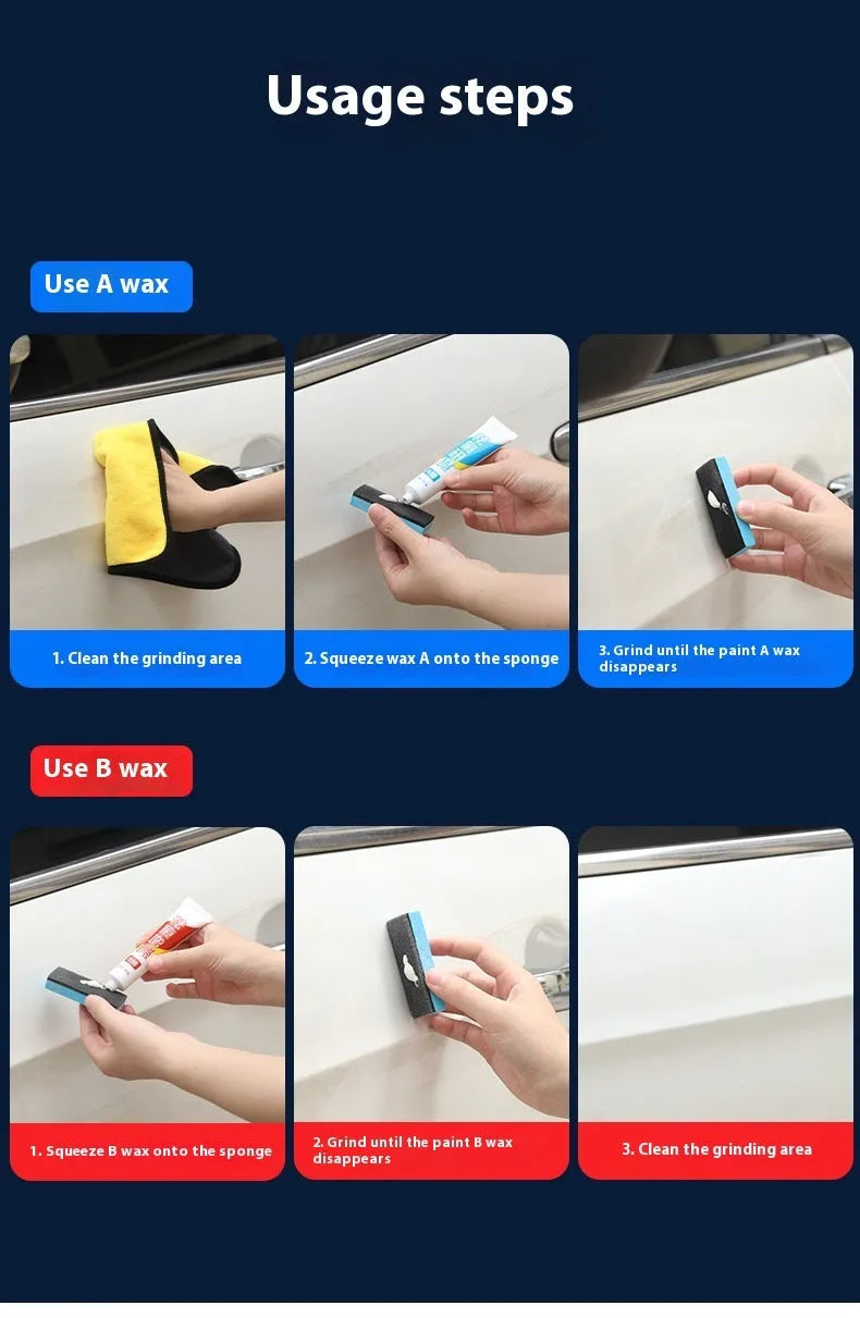Car repair wax kit with two bottles and a frosted sponge for scratch removal and paint polishing