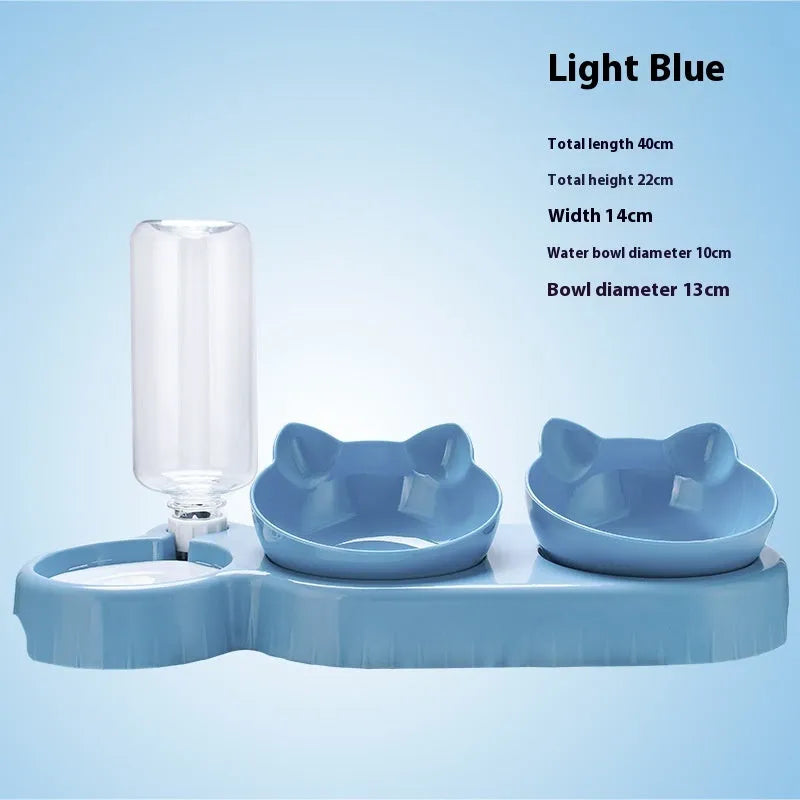 Double bowl plastic pet food and water basin for cats and dogs, showing two bowls in one unit.