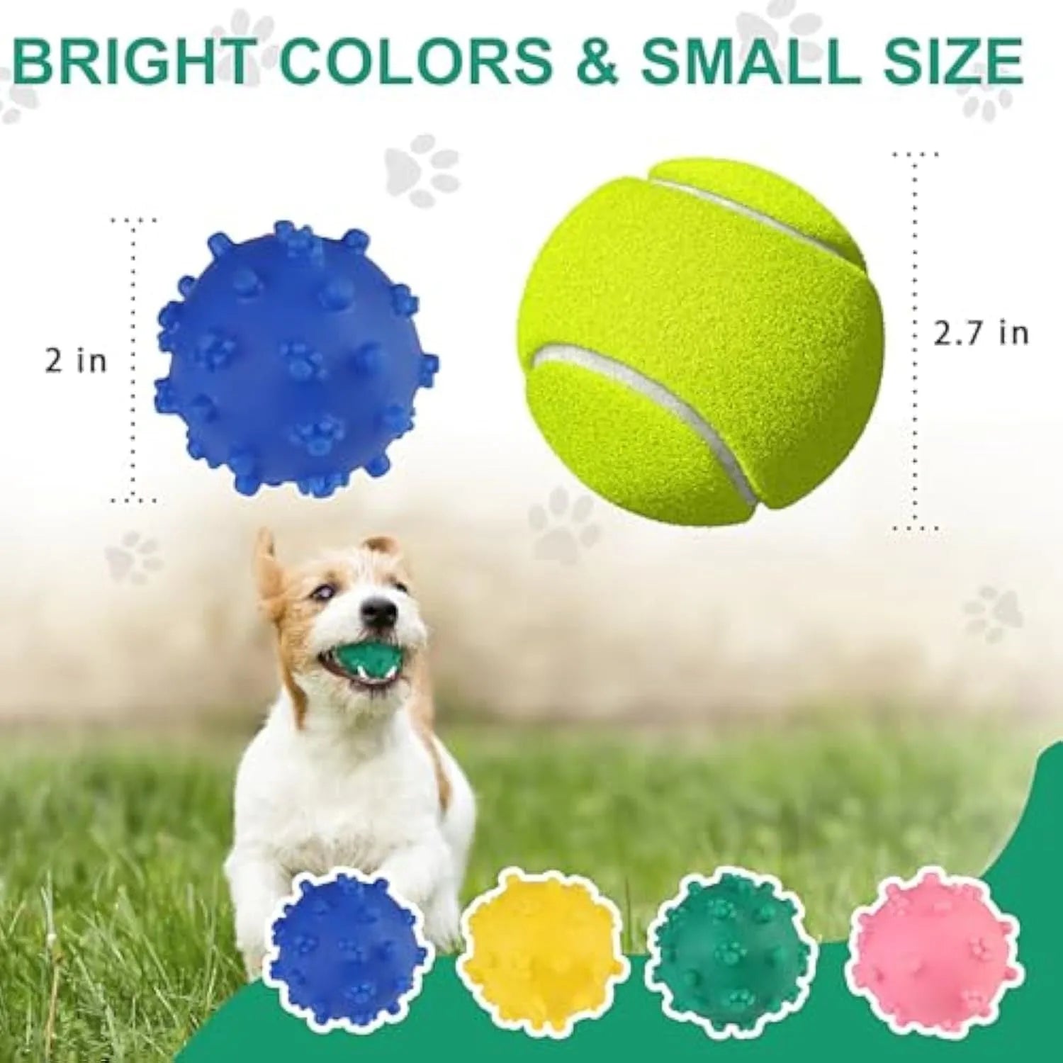 Bright blue, green, pink and yellow spiked squeaky dog balls for small breeds on a grass background.
