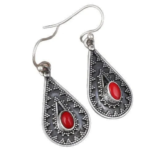 Silver drop earrings with a red pine gemstone in a retro zinc alloy setting.