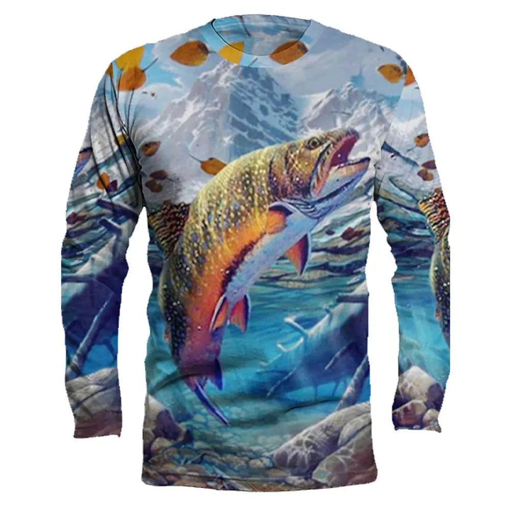 Man wearing a grey long-sleeve pullover top with a colourful fish print on the front.